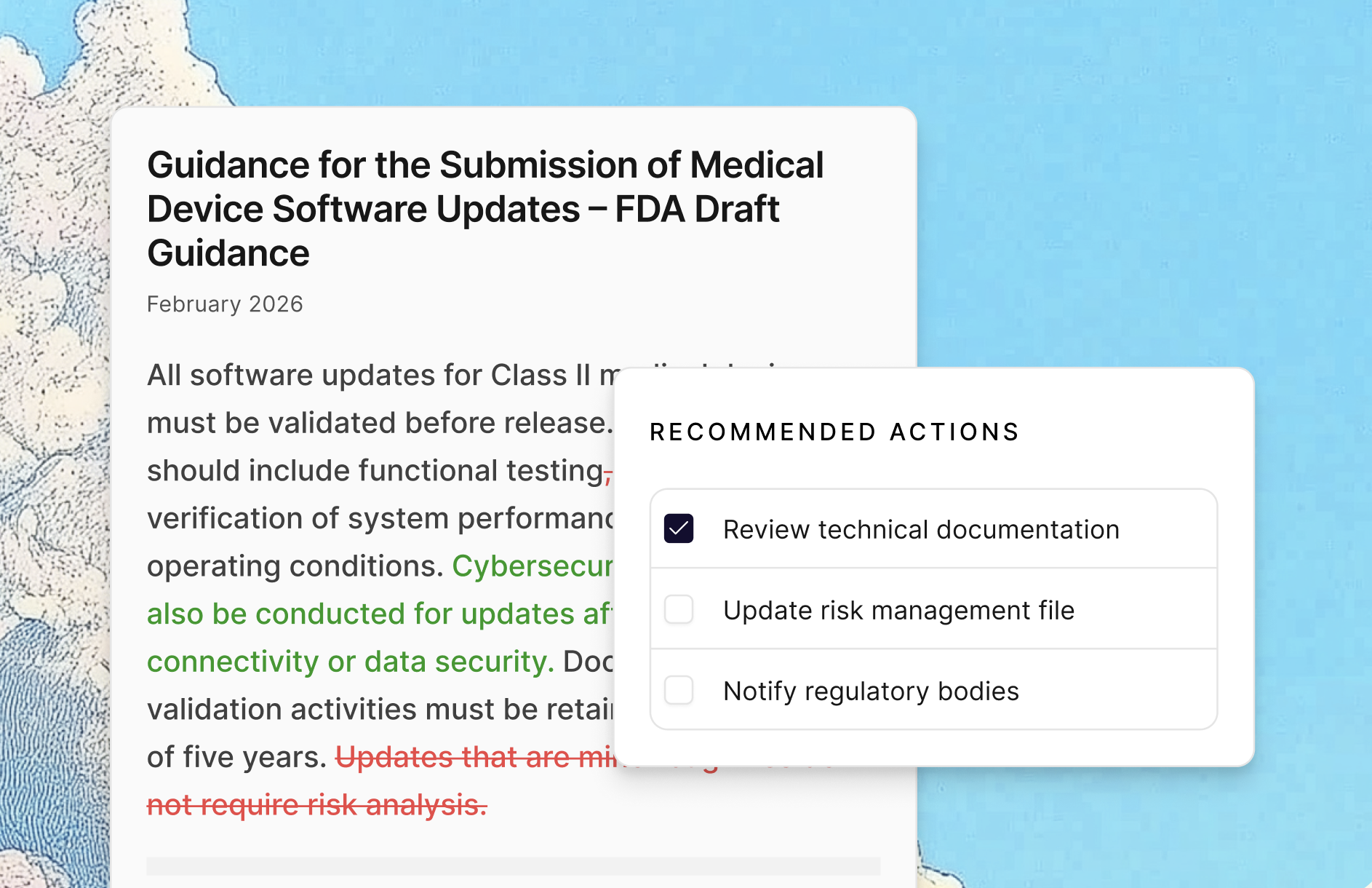 Impact assessment showing document redlines and recommended actions