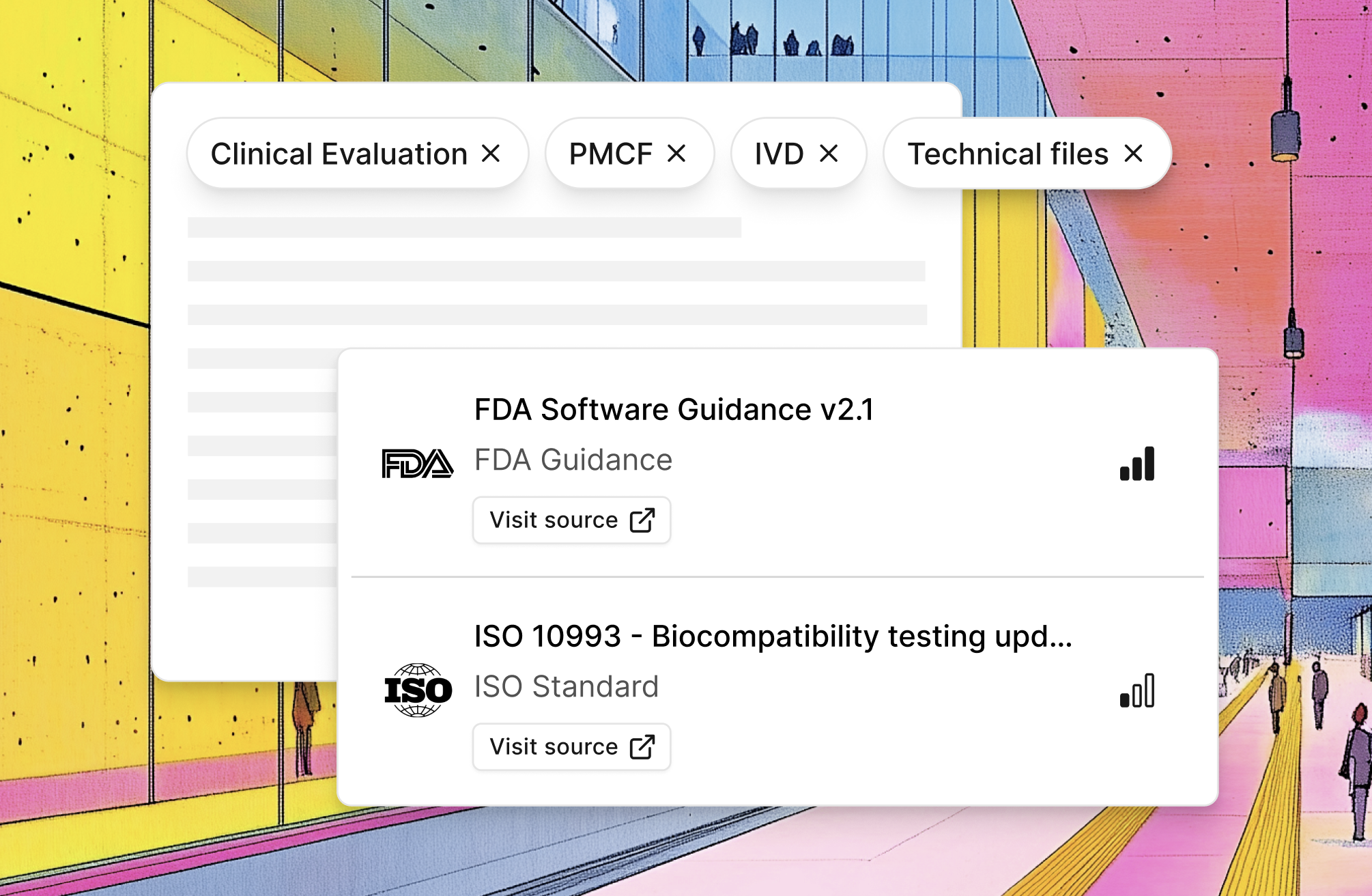 Filtered monitoring interface showing topic filters and regulatory sources